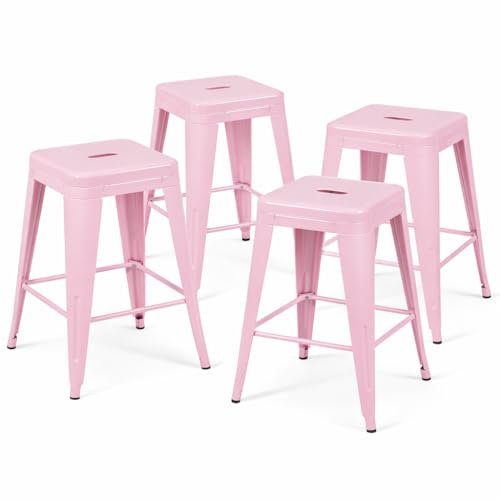SOLEGGIAHOMIA Fairy Pink Metal Bar Stools Set of 4 24 Cute Aesthetic Barstools Soft Pink Stackable Counter Stools for Makeup Room & Studio Unique Stylish Kitchen Chairs for Girls Room