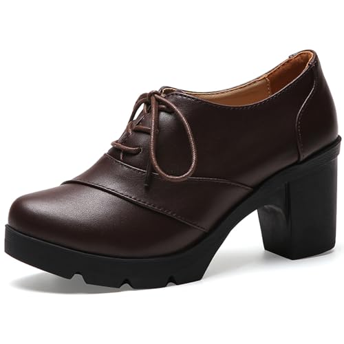 WUIWUIYU Women's Classic Lace-up Platform Chunky Mid-Heel Dress Oxfords Casual Work Pump Shoes