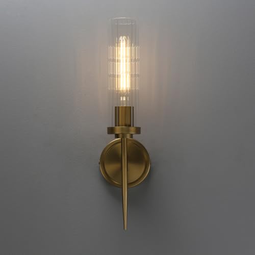 Image of PERMO Vintage Antique Sconces Brass Gold Single Wall Sconce Light Fixture with 2.8 inch Cylindrical Clear Glass Shade for Living Room Home Office Entryway