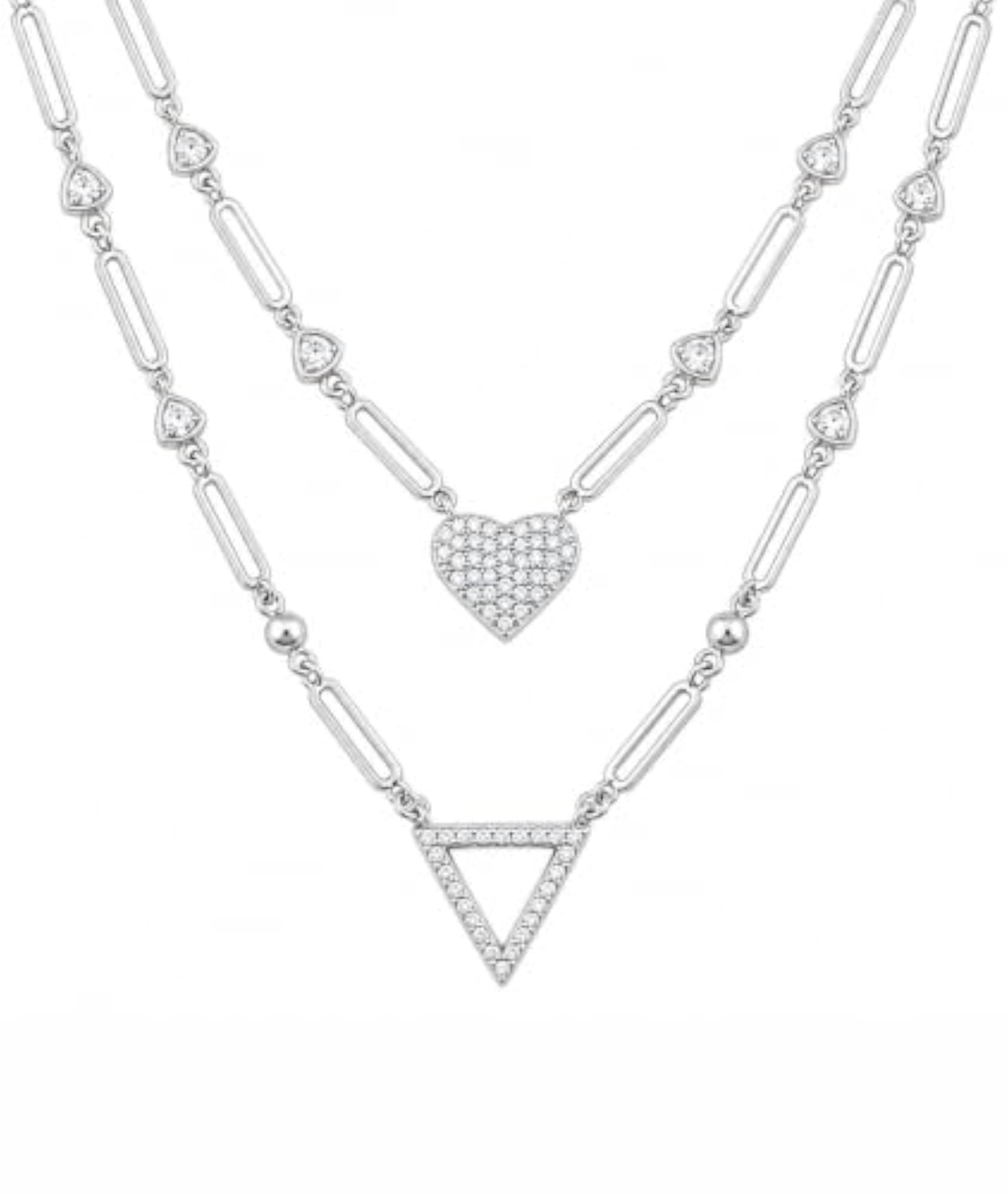 Women's Sterling Silver 925 Layered Heart Triangle Necklace