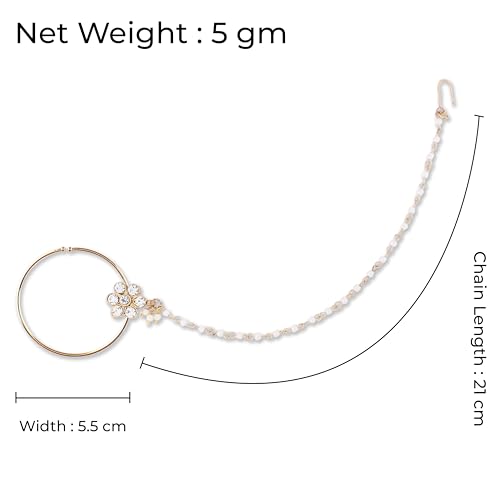 Image of Suhana Goldon Plated Traditional Ethnic Bridal Nose Ring /Nath without piercing with Pearl Chain Encased with Stone for Women /Girls (Nose Ring Diameter - 5)