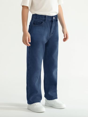 Haloumoning Boys Jeans Kids Fashion Fleece Lined Elastic Waist Denim Pants with Pockets 5-14 Years4