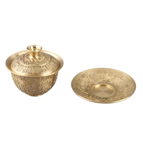 OEBUAFI Tazza da tè in Ottone Goffrato Set da 300 Ml di Tazze da tè Cinesi Elegante Tazza da con Coperchio e Piattino per Uso Domestico e in Ufficio