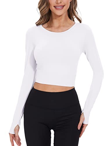Mathcat Crop Tops For Women Long Sleeve, Workout Shirts For Women, Seamless Workout Tops, Breathable Yoga Athletic Gym Shirts(X-Small, White) #TOP19