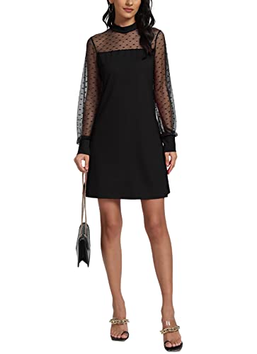 Lyaner Women's Polka Dots Mesh Long Sleeve Mock Neck Elegant Tunic Mini Dress Solid Black Medium #TOP5