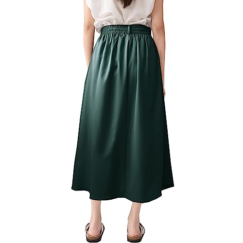 Women's High Waist Elastic Waist A-Line Midi Skirt with Pockets3