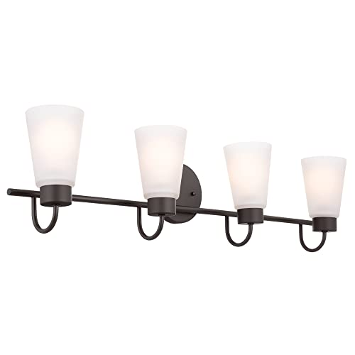 Image of Kichler Erma 4-Light Bathroom Vanity Light Fixture with Satin Etched Glass, Updated Traditional Wall Light in Olde Bronze for Bathroom Mirror (32.5 inch x 8.5 inch x 6 inch), 55127OZ