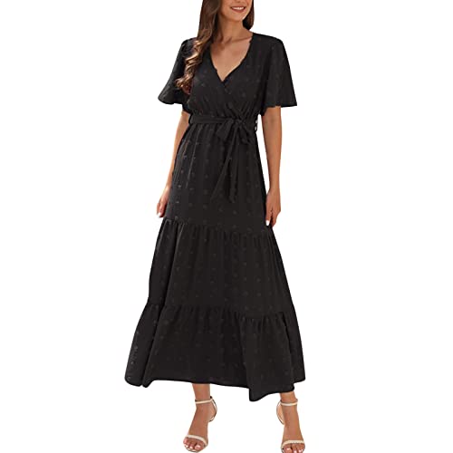 Robe boule femme à manches courtes col en v noir avec ceinture
