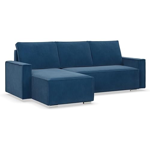 Mebligo - Ecksofa mit Schlaffunktion und Bettkasten NOTO, Cord Sofa L Form 231 cm Breit, Eckcouch Cord mit Schlaffunktion, Bonellfederkern, Universal Sofa Marineblau