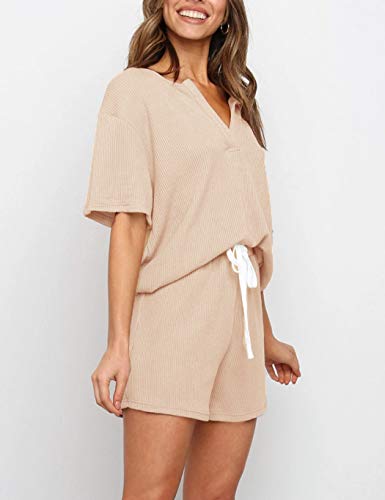 Kikiberry Women's Short Sleeve Lounge Set Mushroom Pockets Summer Cozy Summer Sleepwear Pajamas Sweatsuit Pj Set Apricot X-Large #TOP4