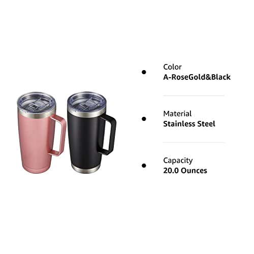 Civago 20 Oz Tumbler Bulk With Lid And Straw, Insulated Travel Coffee Mug With Handle, Double Wall Stainless Steel Vacuum Coffee Tumbler, Thermal Coffee Cup, Set Of 2 (Rose Gold, Black) #TOP6