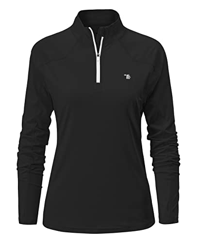 YSENTO Women's Long Sleeve Running Sports Tops Lightweight Gym Walking Zip Up Golf Polo T-Shirt(Black,M)