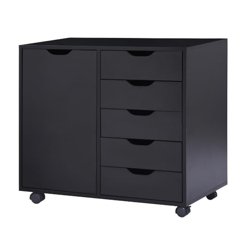 Image of Naomi Home Rolling Storage Cabinet with 5 Drawers & Side Cabinet, Engineered Wood Organizer with Shelves, Handle-Free Design & Swivel Casters for Home Office, Kids Room & Entryway - Black