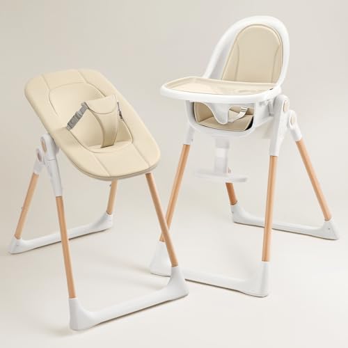 Image of 2-in-1 High Chairs for Babies and Toddlers with Newborn Set, Foldable Baby High Chair withSleeping Basket, Wooden Baby Highchair with Non-Slip PU Cushion, Adjustable Footrest, Backrest, Tray, Cream