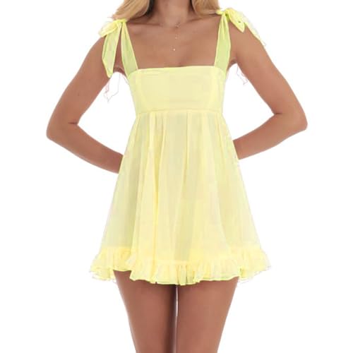 Image of Women Y2k Cute Babydoll Mini Dress Corset Lace Patchwork Sleeveless Ruffled A-Line Flowy Short Dress Beach Streetwear