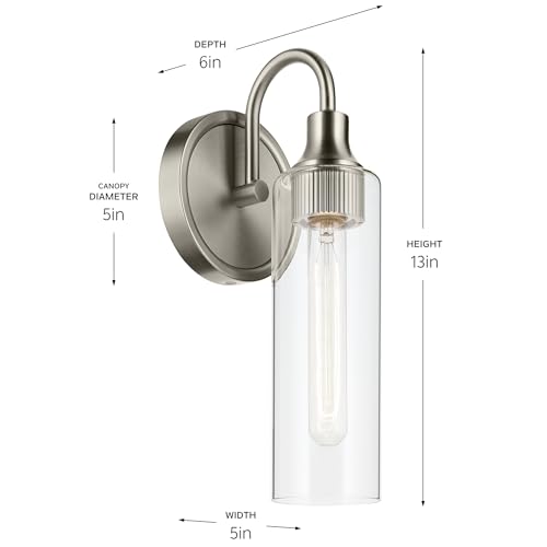 Image of Kichler Kavi 13 inch 1-Light Wall Sconce Light, Brushed Nickel | Clear glass mounts up or down for bathrooms, kitchens, hallways and fireplaces, 55209NI