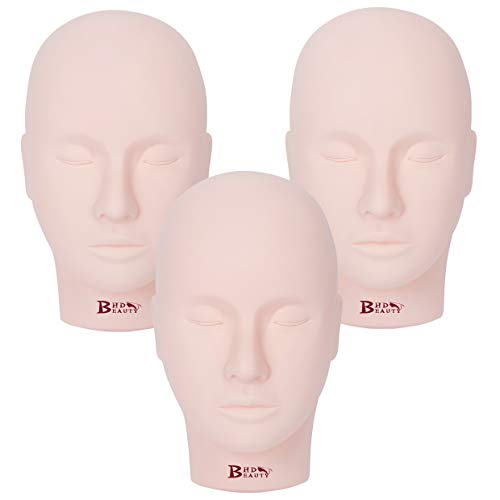 BHD BEAUTY Eyelash Practice Training Head for Makeup Cosmetology Flesh Flat Soft PVC Material Head 3PCS with Mount Hole