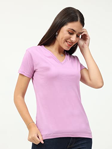 Image of FLEXIMAA Women's Cotton Plain V Neck Half Sleeve T-Shirt