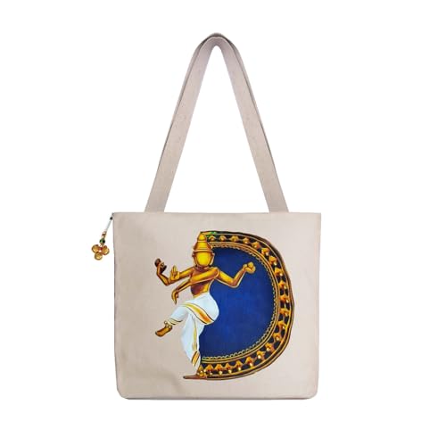 Image of Hand-Printed Tote Bag with Classical Design-Reusable, Zipper Closure For Women & Girls