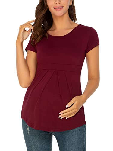 Glampunch Women's Maternity Tops Short&3/4 Sleeve Round Neck Front Pleat Peplum Tunic Top Pregnancy Shirts #TOP5