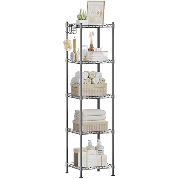 SONGMICS Półka łazienkowa, półka stojąca z metalu, wytrzymała, obciążenie do 100 kg, z 5 panelami PP, z wyjmowanymi haczykami, 30 x 30 x 123,5 cm, do małych pomieszczeń, czarna LGR23BK