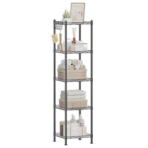 SONGMICS 5-Tier Bathroom Shelf, Storage Rack for Small Space, with 5 PP Shelf Liners, Removable Hook, Extendable Design, Ink Black and Translucent ULG