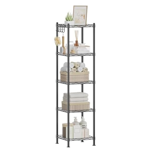 SONGMICS Bathroom Shelf, Storage Rack for Small Space, Total Load Capacity 220 lb, 11.8 x 11.8 x 48.6 Inches, with 5 PP Sheets, Removable Hooks, Extendable Design, Black and Translucent ULGR23BK