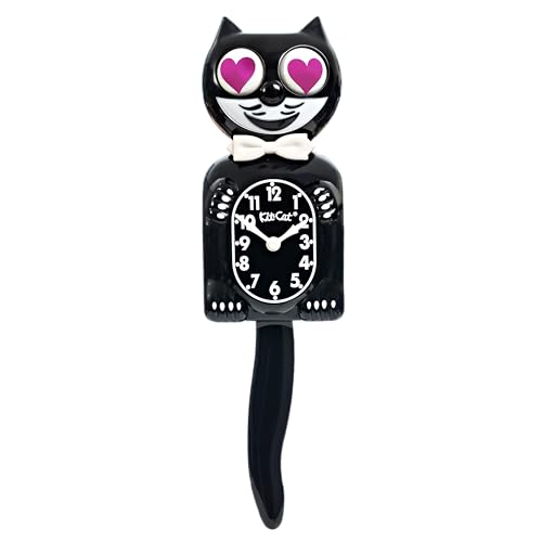 Kit Cat Klock Horloge murale classique noire avec yeux magenta en forme de cœur – Horloge murale emblématique en forme de chat avec yeux et queue mobiles...