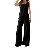 QJDFLL Ärmelloses, einfarbiges, zweiteiliges Set mit Spitzenweste für den Sommer Damen Hohlrücken(Schwarz,XXL)