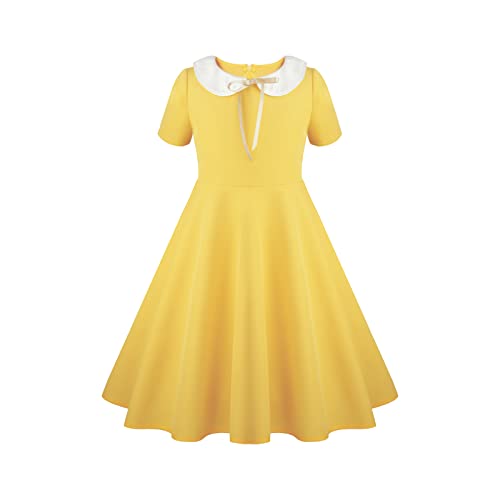 Abbyabbie.li Girl's Short Sleeve Uniform Dresses Casual Vintage Peter Pan Collar Fit And Flare Skater Party Dress 2-12 Years (Yellow, 5-6 Years) #TOP1
