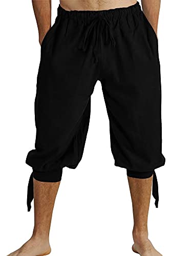 Runcati Pantalones cortos para hombre con cordones, pantalones de verano vikingos, pirata, medieval, para tiempo libre, playa, Negro , XL