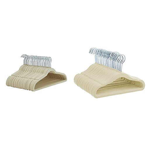 Image of AmazonBasics Slim, Velvet, Non-Slip Clothes Suit Hangers, Ivory/Silver - Pack of 50 & Baby Kids Velvet Clothes Hangers, Beige - Pack of 50