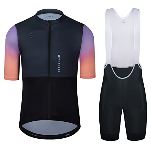 GCRFL Men's Cycling Jersey Set Cycling Kit Bicycle Jersey Rear Zipper Pocket Bike Bib Shorts with Pockets Race Fit High Density Pad (Black/Pink, XL)