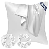 Seiwohl Satin Kissenbezug 80x80, 2er Set Satin Kopfkissenbezug Pillowcase Kissen Bezug Kissenhülle für Haar und Haut, ähnlich wie Seide, Weiß, mit 2 Haargummis