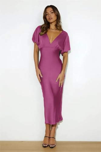 Image of Summer Satin V Neck Puffy Sleeves Empire Waist Midi Dresser Silk Sexy Tie Back Formal Cocktail Dresser for Women Wedding