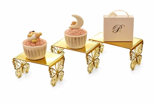 Set di 3 Alzatine Decorative con Farfalle, Base in Plexiglass Dorato o Trasparente, per Catering ed Esposizione | Alzate Originali per Eventi, Wedding, Comunione (Oro Specchiato)