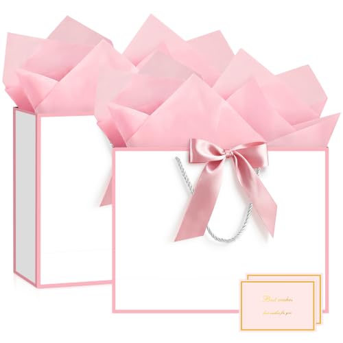 Image of JMANNI Gift Bags with Handles, 13 inch Medium Gift Bag for Presents, 2 Pcs Bags with 4 Tissue Paper and 2 Cards for Graduation Baby Shower Wedding Fathers Day Mother's Day Birthday Party(white pink)