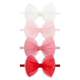 ONENINEDREAM 4 Pcs 4.5’’ Organza Lace Bow for Baby Girls White Headbands Pink Mesh Hair Bows Baby Shower Gifts for Newborn Infant Toddler Girl