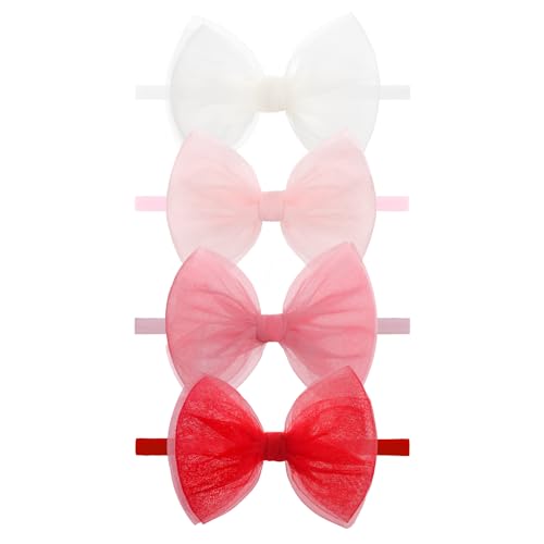 ONENINEDREAM 4 Pcs 4.5’’ Organza Lace Bow for Baby Girls White Headbands Pink Mesh Hair Bows Baby Shower Gifts for Newborn Infant Toddler Girl