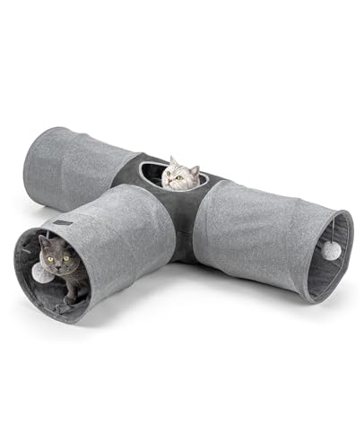 lionto Tunnel per gatti a 3 vie con palla da gioco, 30x120x80 cm, Tunnel da gioco pieghevole ed espandibile in materiale finto lino di facile manutenzione per gatti, robusto giocattolo per gatti