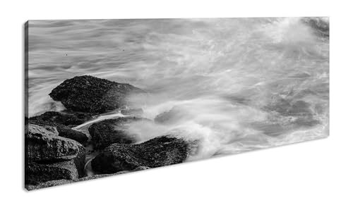 Onde oceaniche sulle rocce panoramiche, 100 x 50 cm, effetto: bianco e nero, stampa digitale di alta qualità con cornice