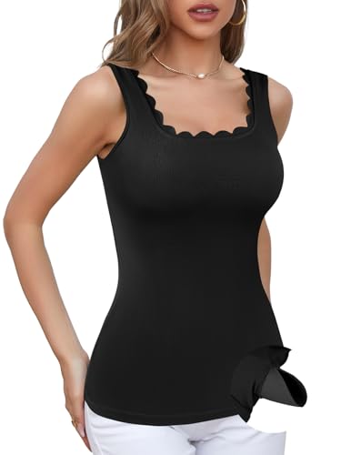 V FOR CITY Women Square Neck Tank Tops with Built in Bras Scallop Trim Fitted Camisole Ribbed Summer Top