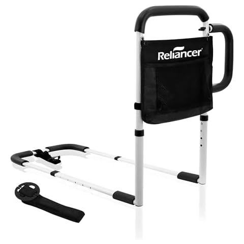 RELIANCER Bed Safety Rail for Elderly Adults,Dual Handle Bed Assist Grab Bar,Adjustable Bedside Assist Guardrail Fit Any Bed,Bed Support Side Guard Railings w/Storage Pocket,Bed Cane for Seniors Cover