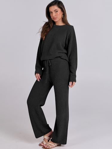 ANRABESS Women's Fuzzy Fleece Pajama Sets 2 Piece Outfits Long Sleeve Top Wide Leg Pants Lounge Matching Set 2025 Fall Winter2