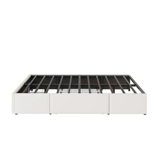 Dolamaní Polsterbett Bettgestell 140x200 cm ohne Kopfteil, PU-Leder Bett Mit LED und Schubladen, Metall Lattenrost Moderne Schlafzimmer Doppelbett (Beige)