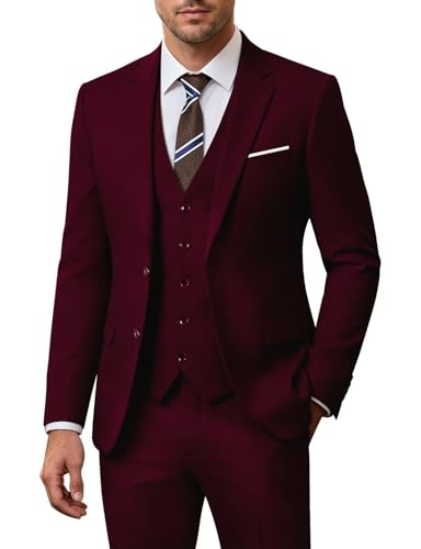 Image of Men's 3 Piece Slim Fit Suit Set, Two Button Blazer Solid Jacket Vest Pants Wedding Business Suit