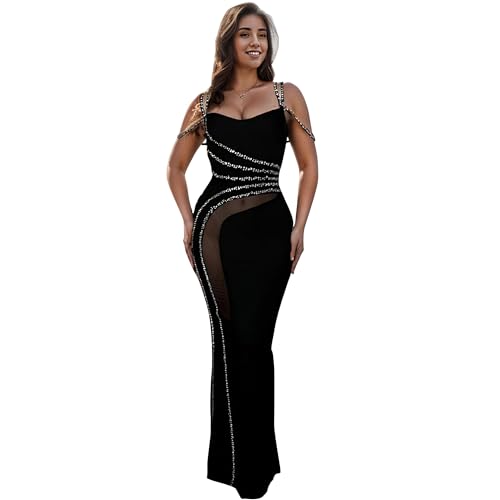 Image of Nagfar Women's Sexy Rhinestone Dresses Spaghetti Strap Halter Mesh Long Dress Birthday Party Club Night Outfit﻿﻿(S7027-Black-XXL)