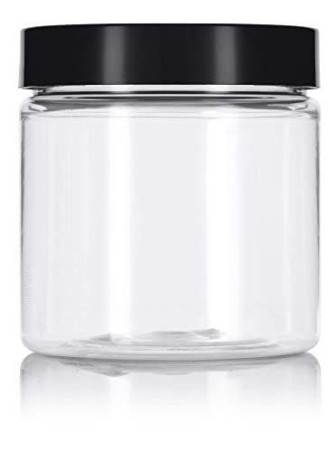 (6 pack) 8 oz Clear PET Plastic Wide mouth Jar with Black Smooth Lid