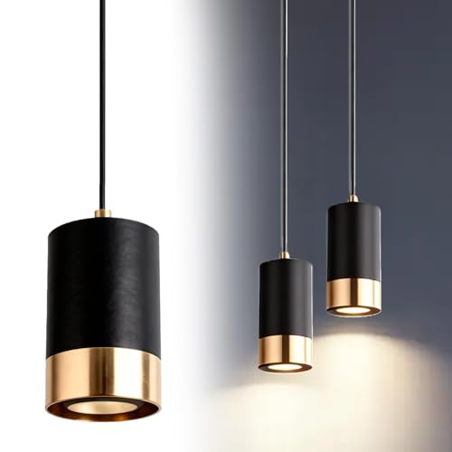 GOMETY Pendelleuchte Zylinder, LED Pendellampe, GU10 LED Pendelleuchte aus Metall Höhenverstellbar Moderne zylindrische Pendellampe Hängeleuchte lang für Küche Nachttisch Wohnzimmer (Schwarzes Gold)