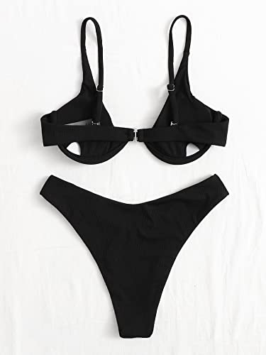 Verdusa Women's 2 Piece Triangle Bikini High Cut Bathing Suit Swimwear Black M #TOP1